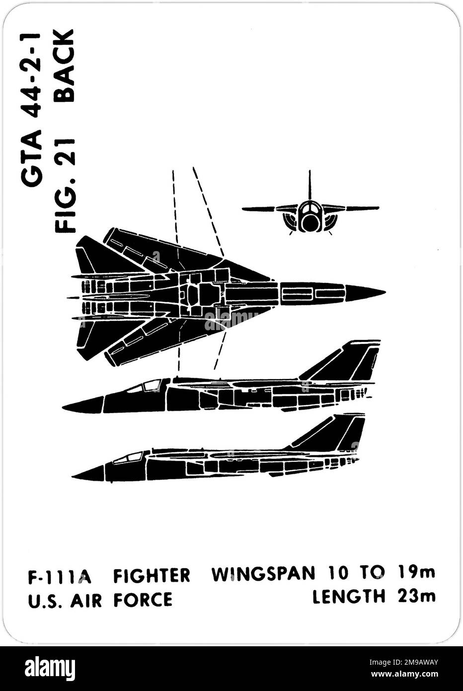 Allgemeine Fahrdynamik F-111A - F-111B. Dies ist eine der Grafiktrainingshilfen (GTA), die von der US-Armee verwendet werden, um ihr Personal darin zu Schulen, freundliche und feindliche Flugzeuge zu erkennen. Dieser besondere Satz, GTA 44-2-1, wurde July1977 herausgegeben. Das Set umfasst Flugzeuge aus Kanada, Italien, Großbritannien, den USA und der UdSSR. Stockfoto
