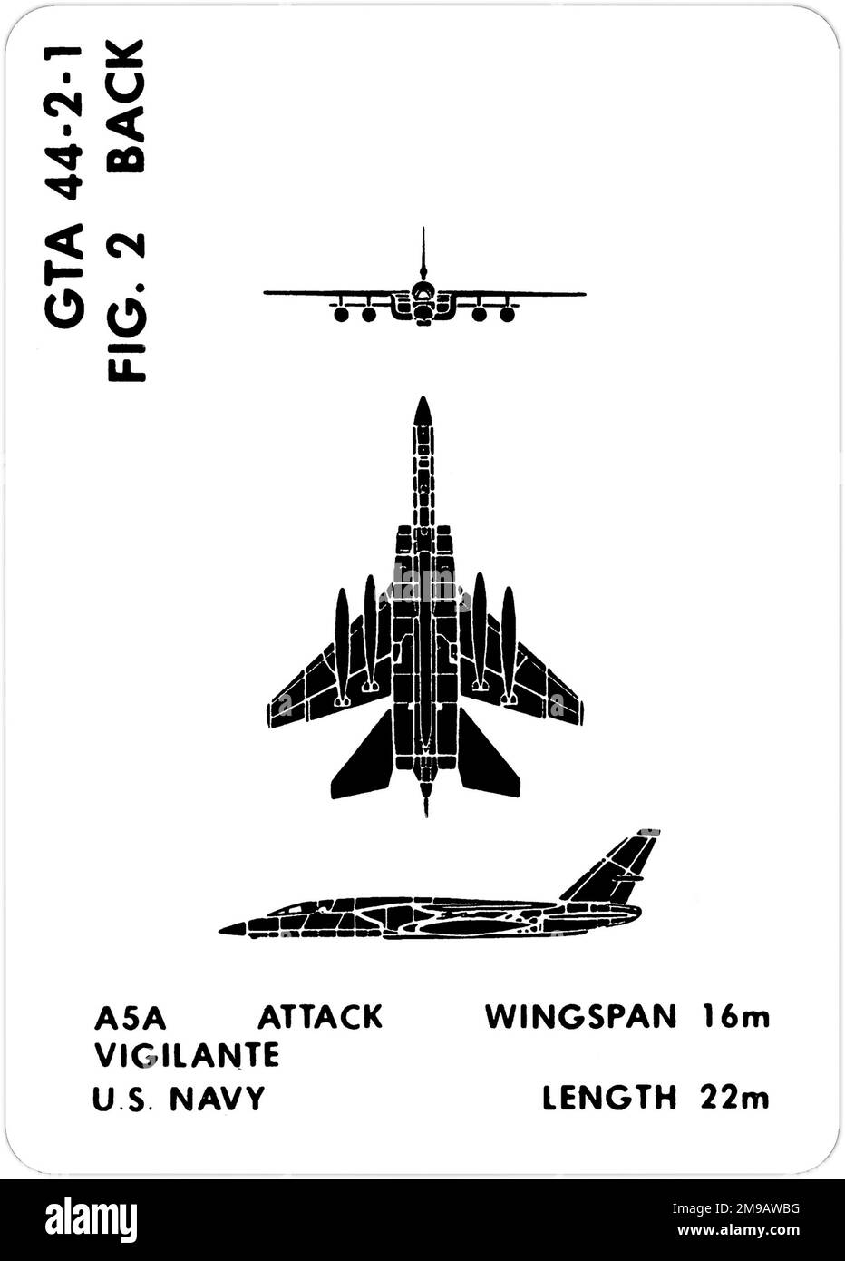 Nordamerika RA-5C Vigilante 3-Ansicht. Dies ist eine der Grafiktrainingshilfen (GTA), die von der US-Armee verwendet werden, um ihr Personal darin zu Schulen, freundliche und feindliche Flugzeuge zu erkennen. Dieser besondere Satz, GTA 44-2-1, wurde July1977 herausgegeben. Das Set umfasst Flugzeuge aus Kanada, Italien, Großbritannien, den USA und der UdSSR. Stockfoto