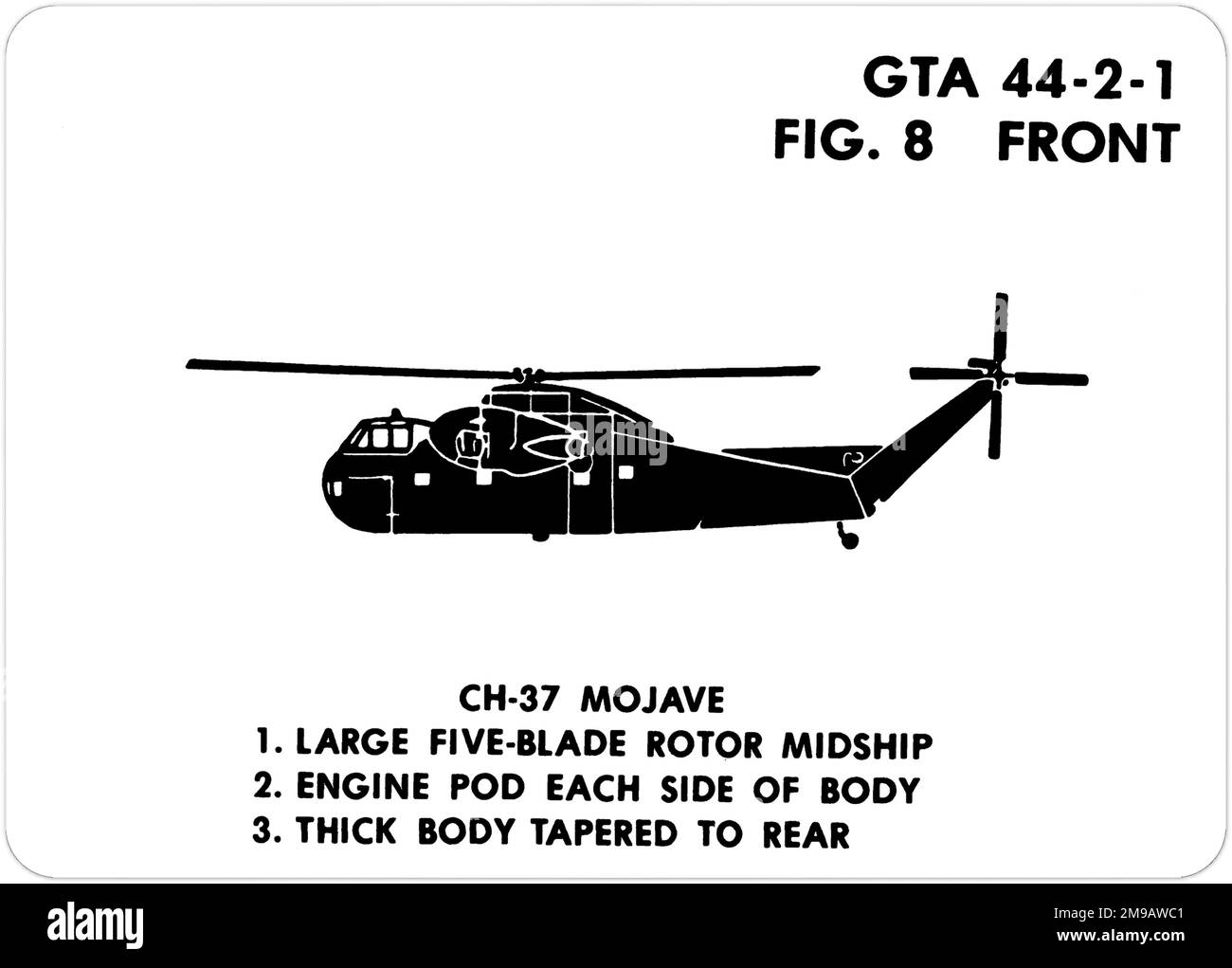 Sikorsky CH-37 Mojave (Sikorsky S-56). Dies ist eine der Grafiktrainingshilfen (GTA), die von der US-Armee verwendet werden, um ihr Personal darin zu Schulen, freundliche und feindliche Flugzeuge zu erkennen. Dieser besondere Satz, GTA 44-2-1, wurde July1977 herausgegeben. Das Set umfasst Flugzeuge aus Kanada, Italien, Großbritannien, den USA und der UdSSR. Stockfoto