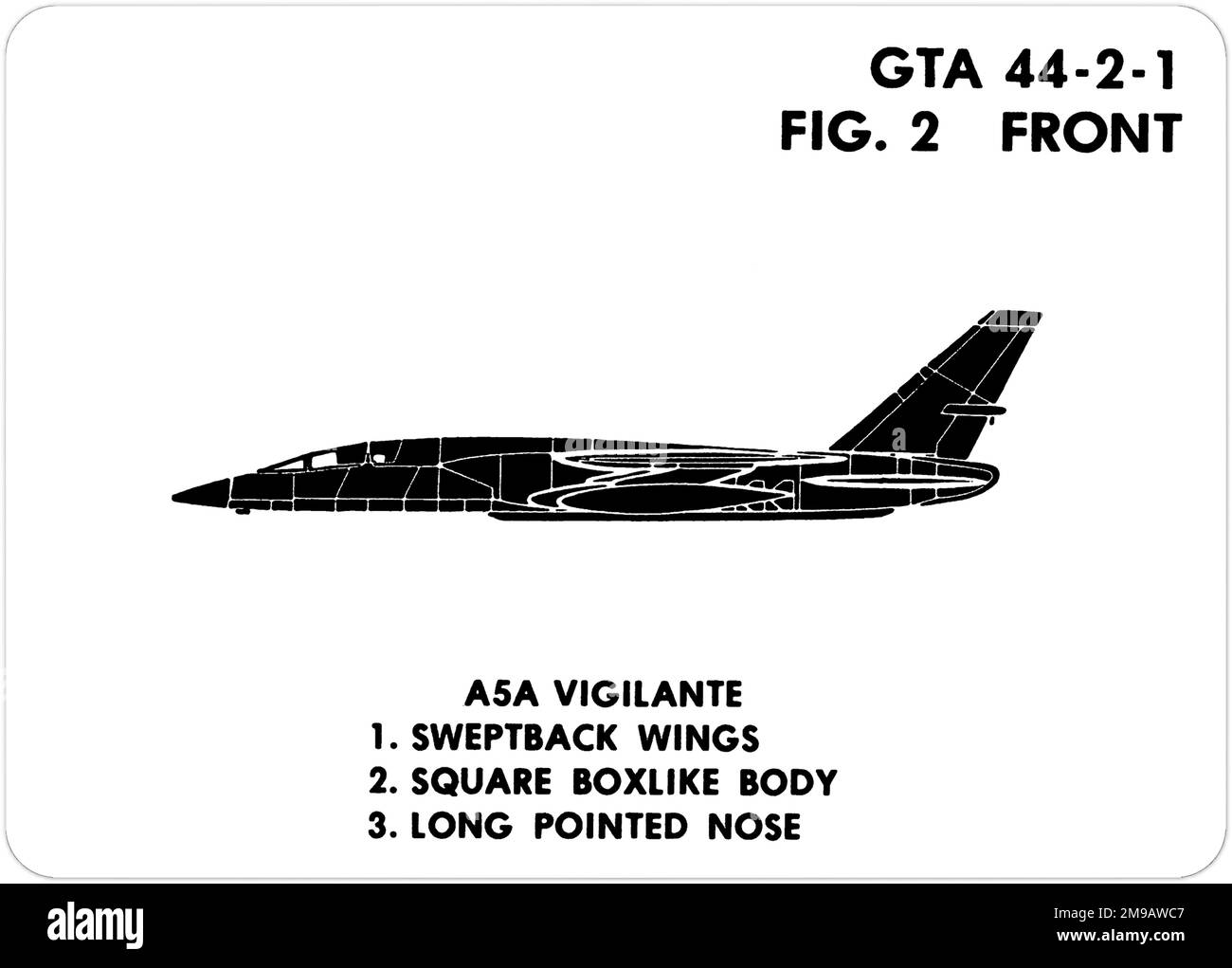 Nordamerikanisches RA-5C-Selbstjustizlerprofil. Dies ist eine der Grafiktrainingshilfen (GTA), die von der US-Armee verwendet werden, um ihr Personal darin zu Schulen, freundliche und feindliche Flugzeuge zu erkennen. Dieser besondere Satz, GTA 44-2-1, wurde July1977 herausgegeben. Das Set umfasst Flugzeuge aus Kanada, Italien, Großbritannien, den USA und der UdSSR. Stockfoto