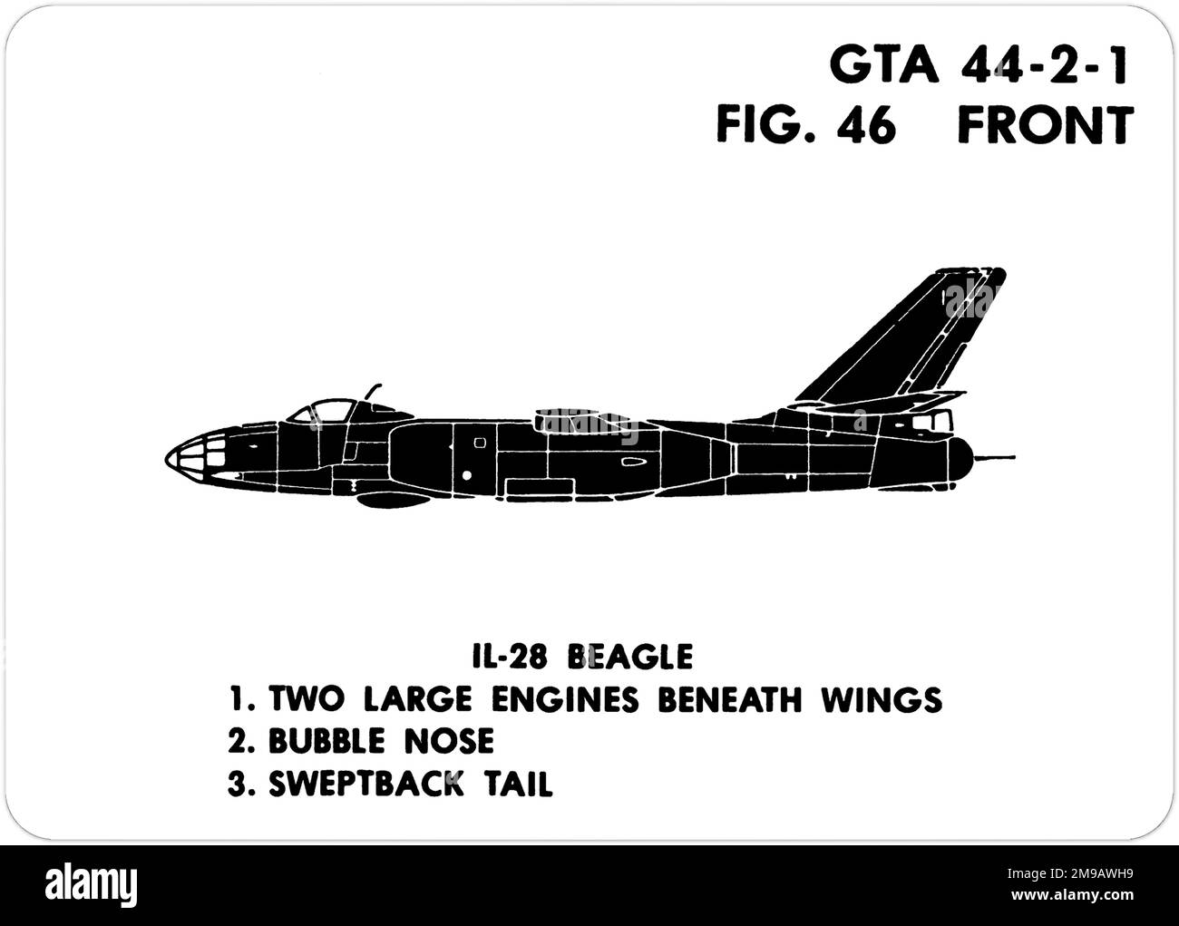 Ilyushin Il-28 (NATO-Codename: Beagle). Dies ist eine der Grafiktrainingshilfen (GTA), die von der US-Armee verwendet werden, um ihr Personal darin zu Schulen, freundliche und feindliche Flugzeuge zu erkennen. Dieser besondere Satz, GTA 44-2-1, wurde July1977 herausgegeben. Das Set umfasst Flugzeuge aus Kanada, Italien, Großbritannien, den USA und der UdSSR. Stockfoto