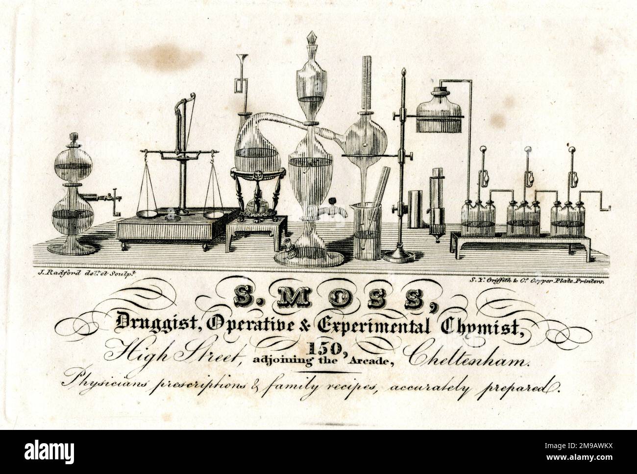 Werbespot, S Moss, Druggist, operative & experimentelle Chemie, High Street, Cheltenham. Stockfoto