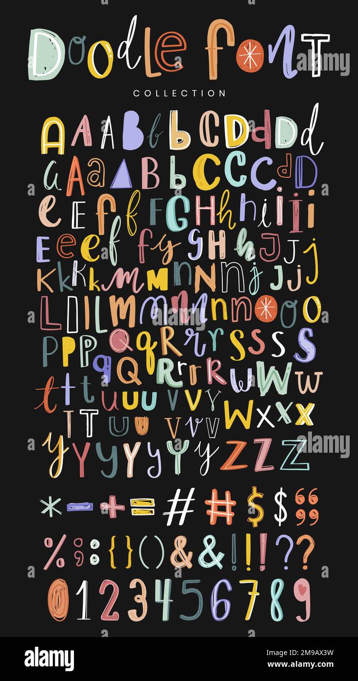 Alphabete, Satzzeichen und Zahlen Doodle Fonts Vektorset Stock Vektor