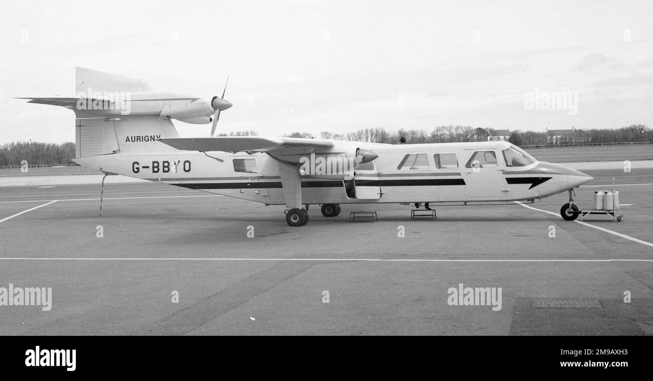 Britten-Norman BN-2A Mk III-1 Trislander G-BBYO (msn 362), aus Aurigny, am Jersey International Airport im Mai 1974. Stockfoto