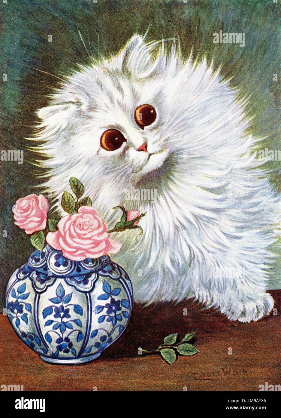 Weiße Katze und Rosen von Louis Wain Stockfoto