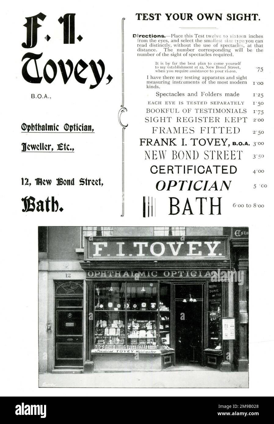 Anzeige für F.I. Tovey, Augenoptiker, New Bond Street, Bath Stockfoto