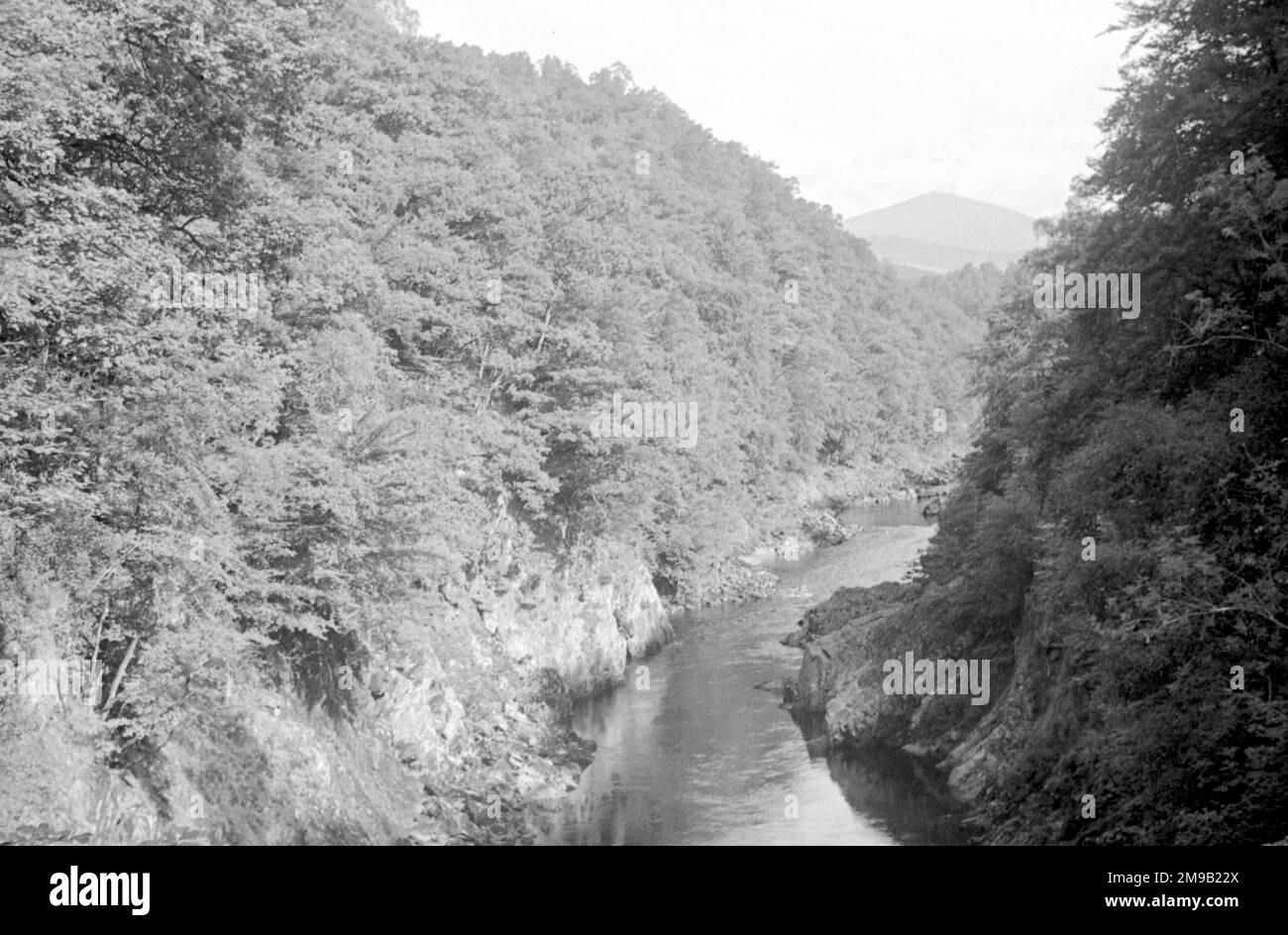 Schottische Hügel und Seen: - Steile, bewaldete Schlucht mit Becken Stockfoto
