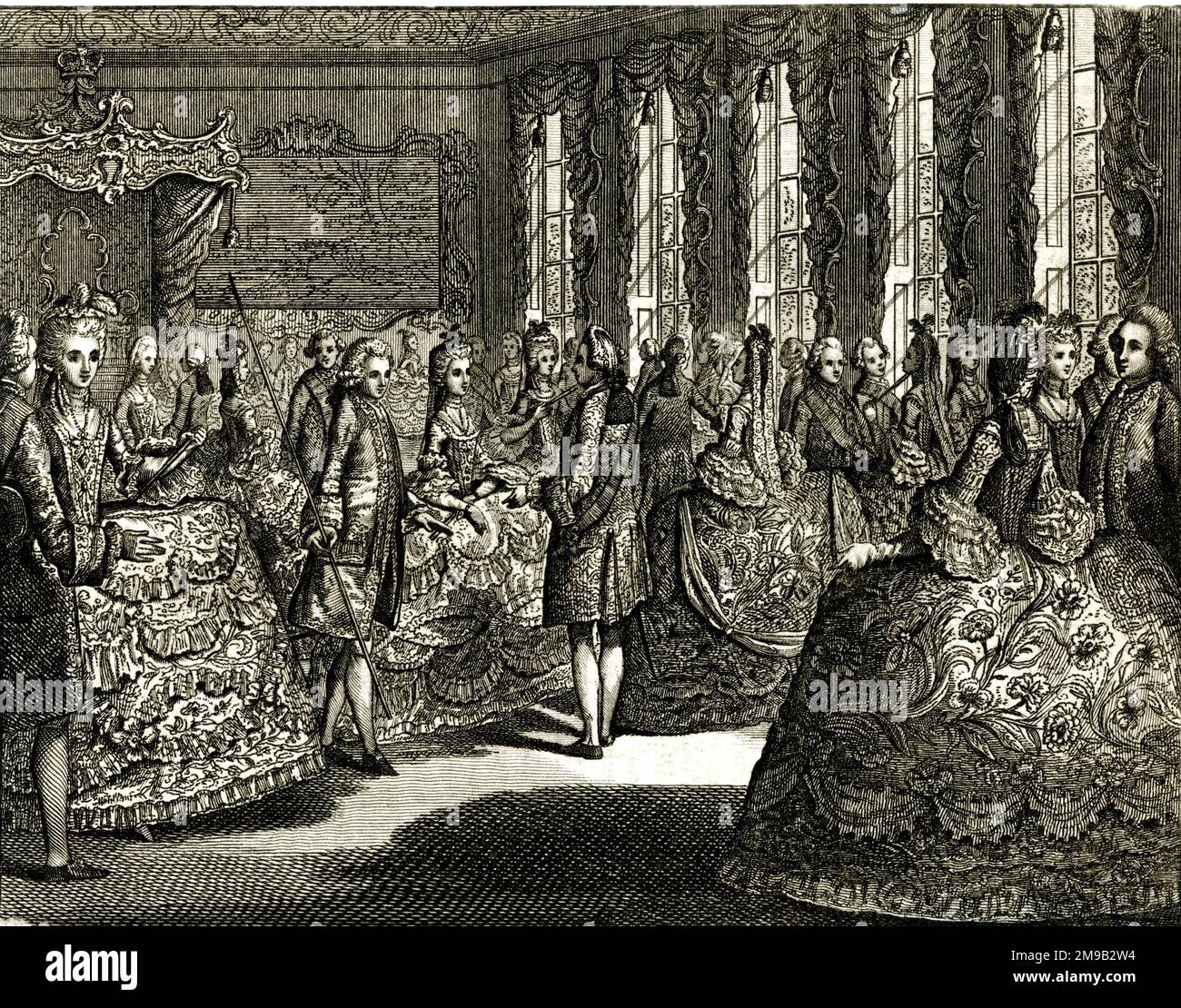 Debütantenzeremonie der Vorstellung einer Lady an Ihre Majestät Königin Charlotte am Hof von St. James's, 1766 Stockfoto
