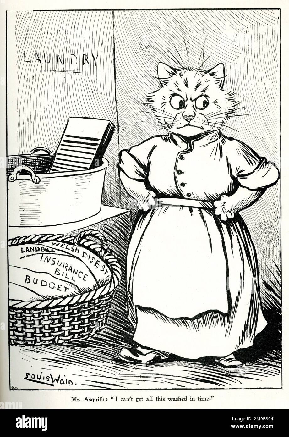 Politischer Zeichentrickfilm, liberaler Premierminister Asquith, ich kann das nicht rechtzeitig waschen lassen - Katzenwäscherin, die versucht, Parlamentsrechnungen in Form von Wäsche zu bearbeiten, von Louis Wain Stockfoto
