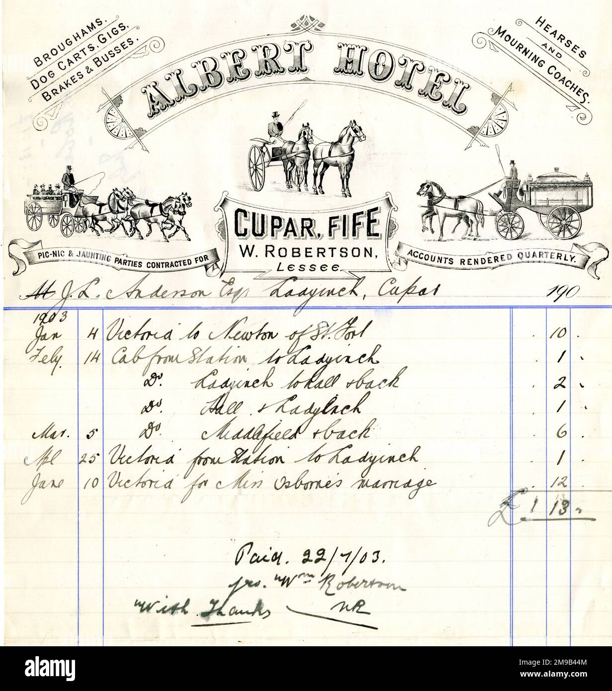 Schreibwaren, Albert Hotel, Cupar, Fife, Schottland, W Robertson, Lessee - eine handschriftliche Rechnung für Transportleistungen. Stockfoto