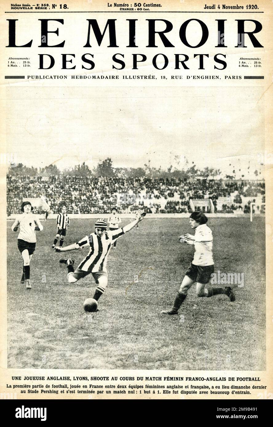 Internationales Frauenfußballspiel, Frankreich gegen England, November 1920 Stockfoto