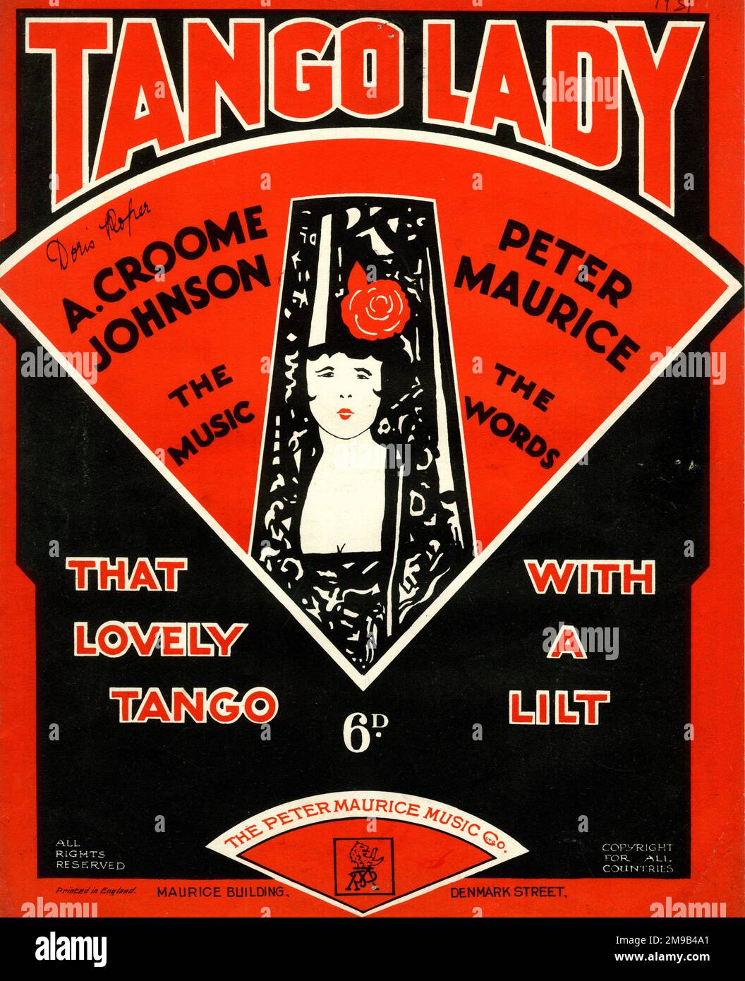 Titelblatt, Tango Lady, dieser schöne Tango mit einem Lied, Musik von Einem Croome Johnson, Worte von Peter Maurice. Stockfoto