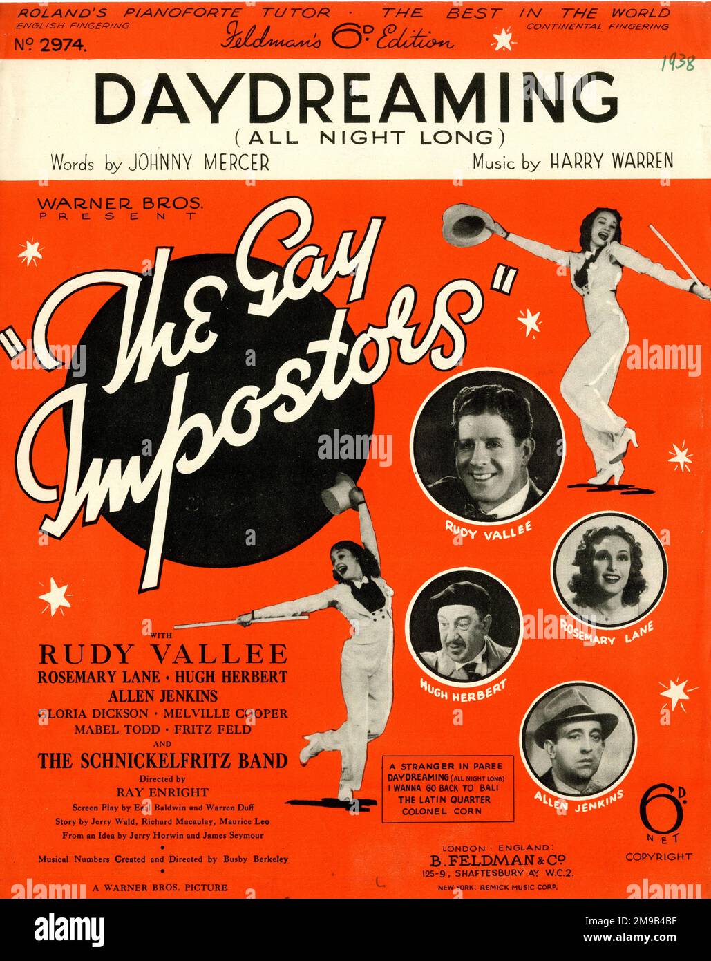 Musikcover, DayDreaming (die ganze Nacht), Worte von Johnny Mercer, Musik von Harry Warren, aus dem Warner Bros Film, The Gay Impostors, mit Rudy Vallee, Rosemary Lane, Hugh Herbert und Allen Jenkins. Stockfoto