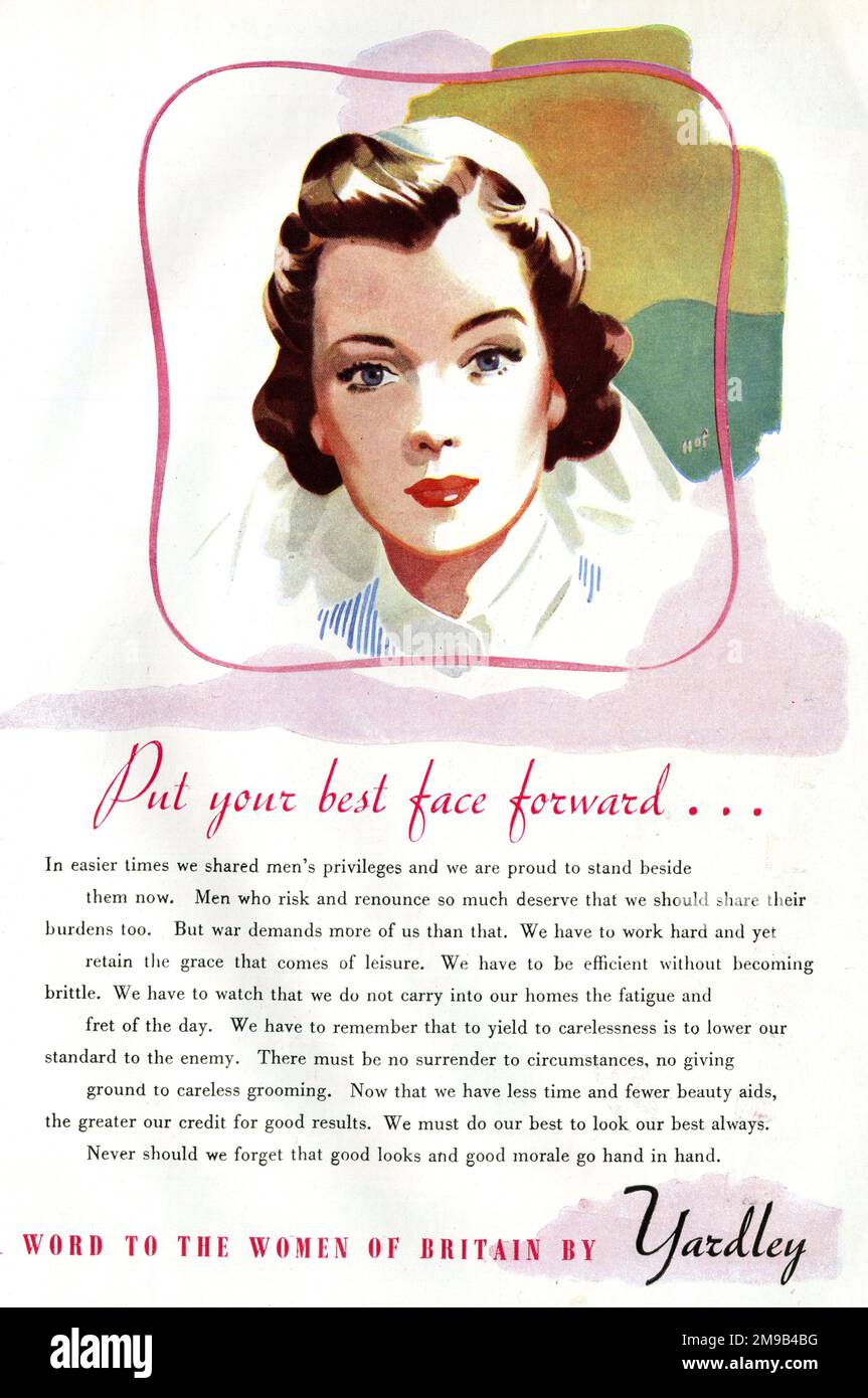 Werbespot, Yardley Kosmetik, Frauen ermutigen, ihre Standards im Jahr WW2 hoch zu halten – Zeig dein bestes Gesicht nach vorne. Stockfoto