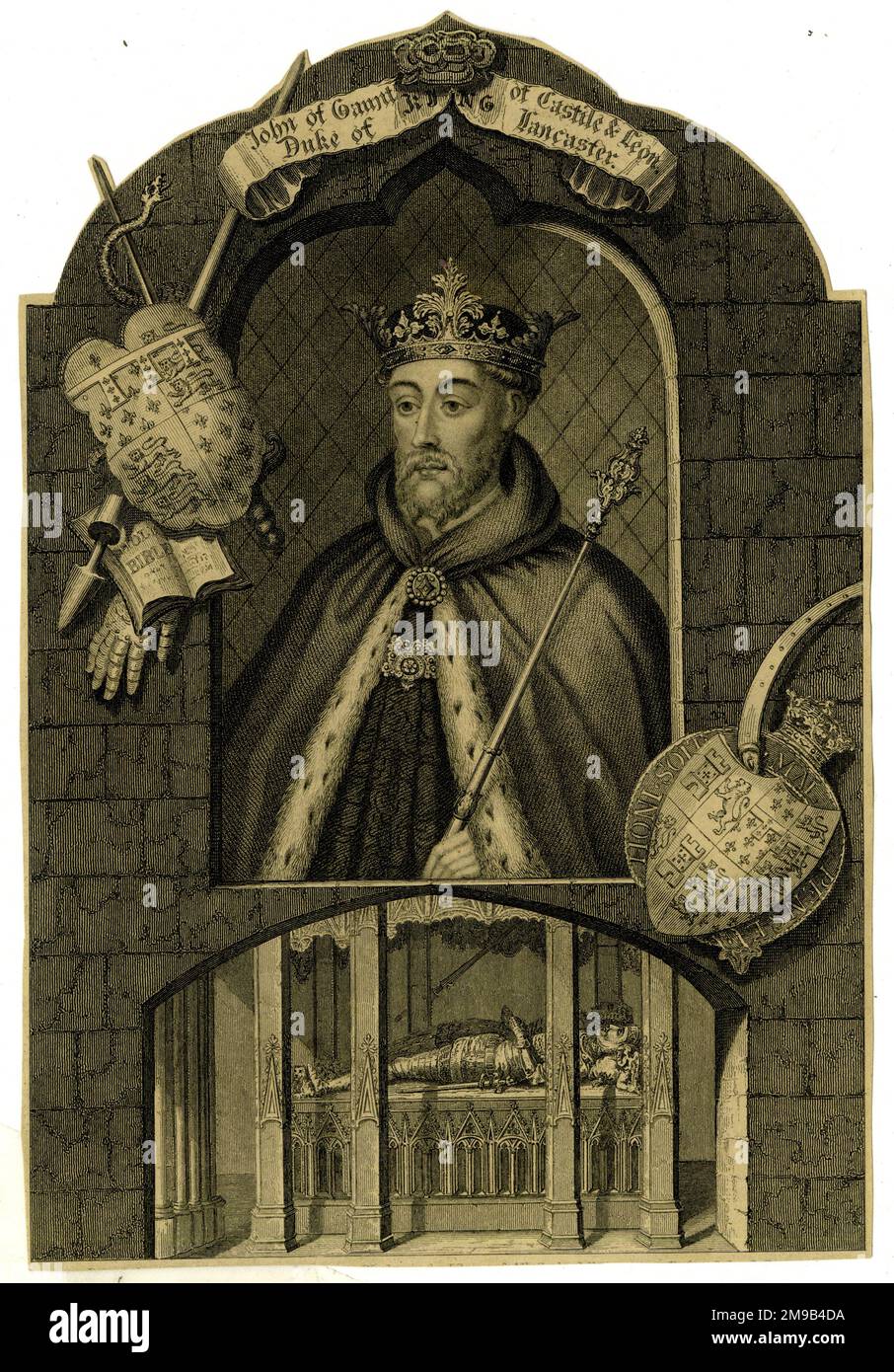 John of Gaunt (1340-1399), Herzog von Lancaster, Kastilien und Leon. Unten finden Sie sein Grab und seine Statue in der Old St Paul's Cathedral, London. Stockfoto
