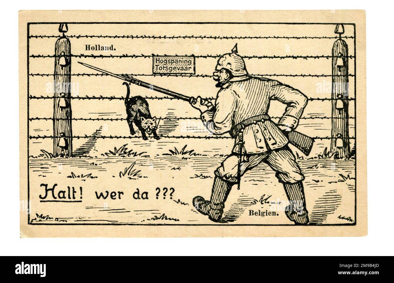 Als die Deutschen Belgien überrannten, begannen die Flüchtlinge nach Holland zu fliehen, also bauten die Deutschen einen 100 Meilen langen 2.000 Volt Elektrozaun, um sie aufzuhalten. Das ist eine deutsche Feldpostkarte, die die Soldatengarde über einen Cartoon lustig macht. WW1 Stockfoto