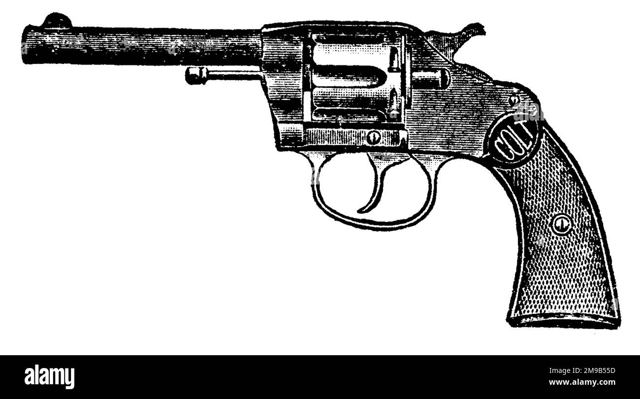 38-Kaliber Colt Police Positive Revolver, Vintage-Gravur. Alte, eingravierte Illustration eines Colt Police positiven Revolvers, isoliert auf einem weißen Hintergrund Stockfoto