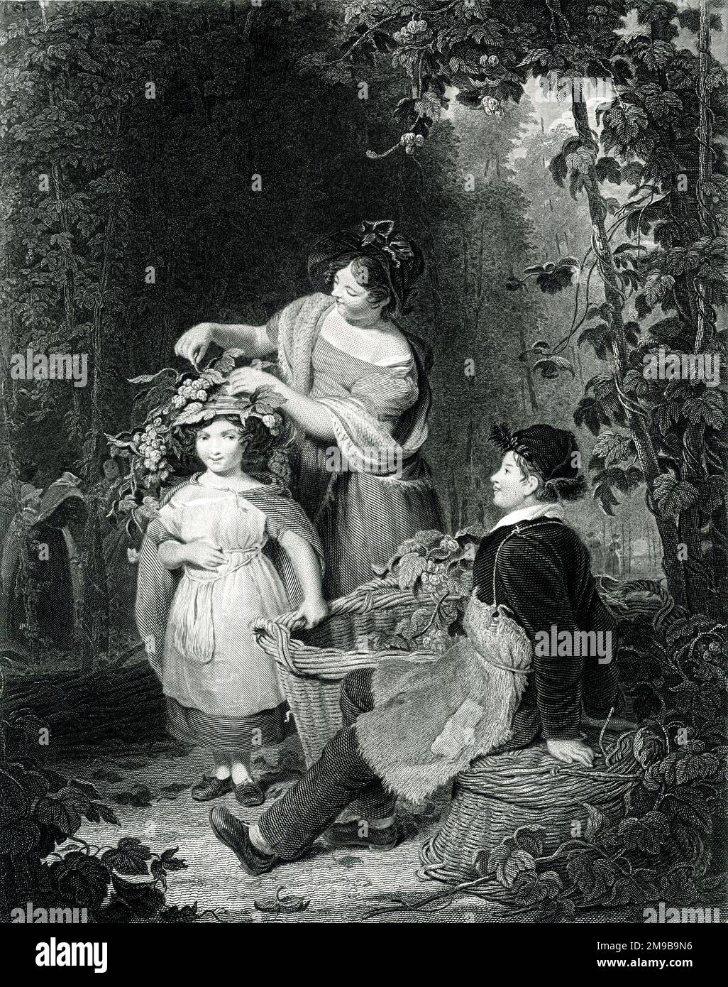 The Hop Garland, Gemälde von W F Witherington RA - eine idyllische Hopfenpflückszene in Kent Stockfoto