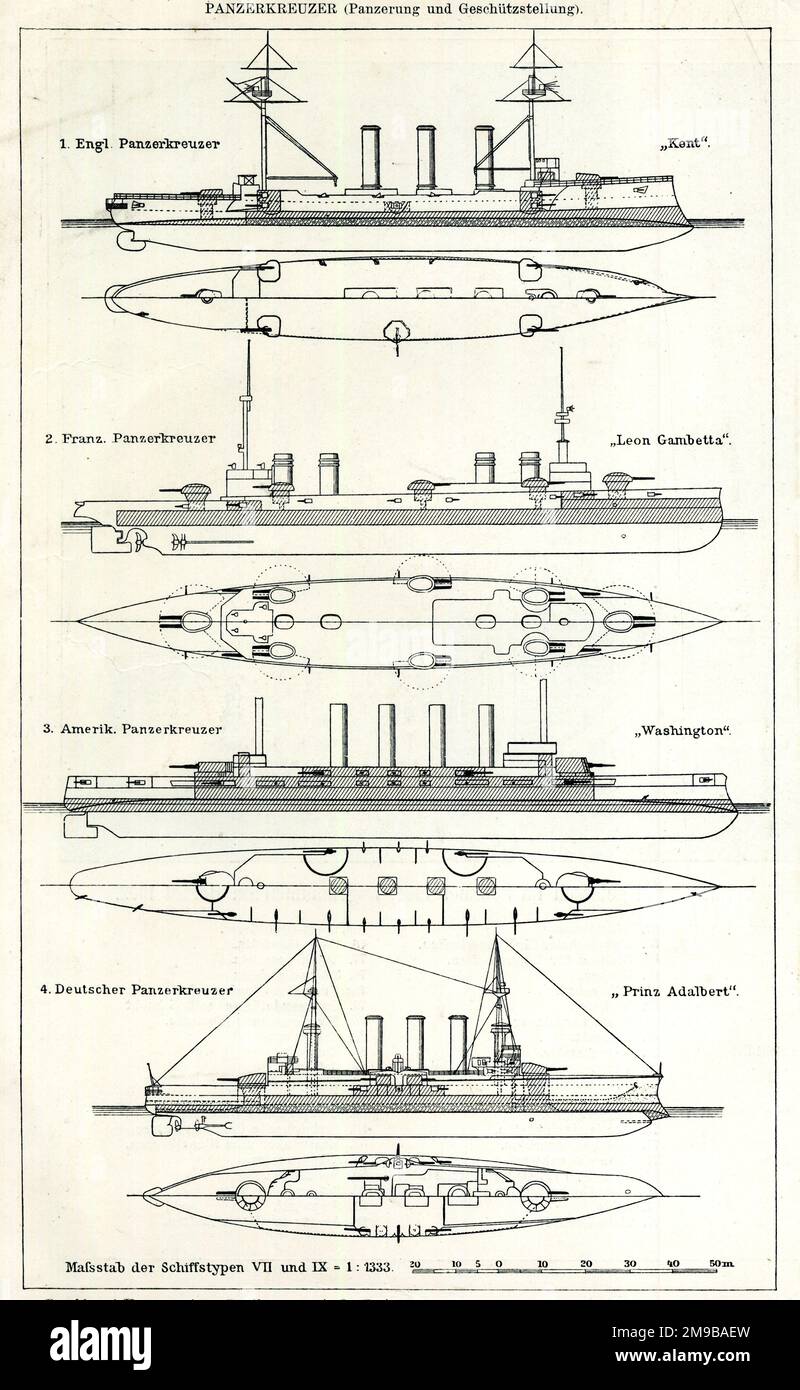 Britische, französische, amerikanische und deutsche Schlachtschiffe: Britische (HMS Kent), französische (Leon Gambetta), amerikanische (USS Washington) und deutsche (Prinz Adalbert). Stockfoto