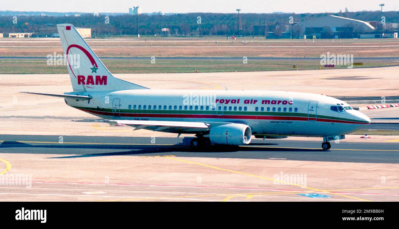 Boeing 737-5B6 CN-RNG (msn 27679, Liniennummer 2734) von Royal Air Maroc im März 1989. Stockfoto