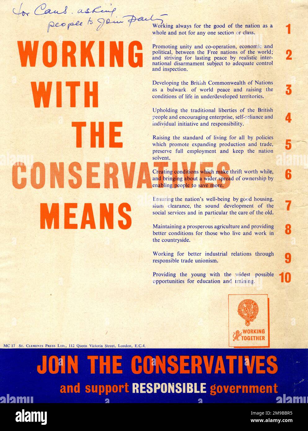 Wahlkampfplakat, Konservative Partei, mit den Konservativen zu arbeiten bedeutet... Stockfoto