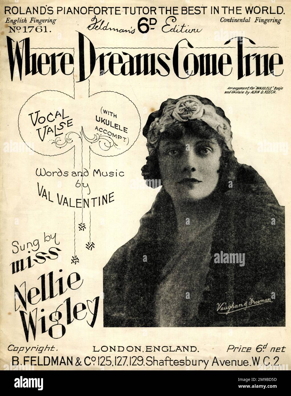 Titelseite, wo Träume wahr werden, Worte und Musik von Val Valentine, gesungen von Miss Nellie Wigley Stockfoto