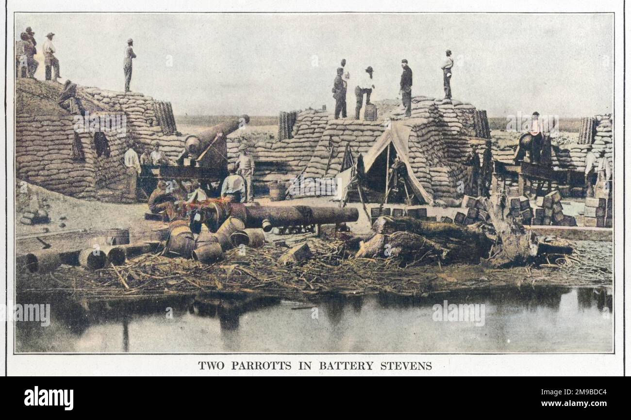 Die Bundeswaffen von Battery Stevens bombardierten Fort Sumter während des Amerikanischen Bürgerkriegs Stockfoto