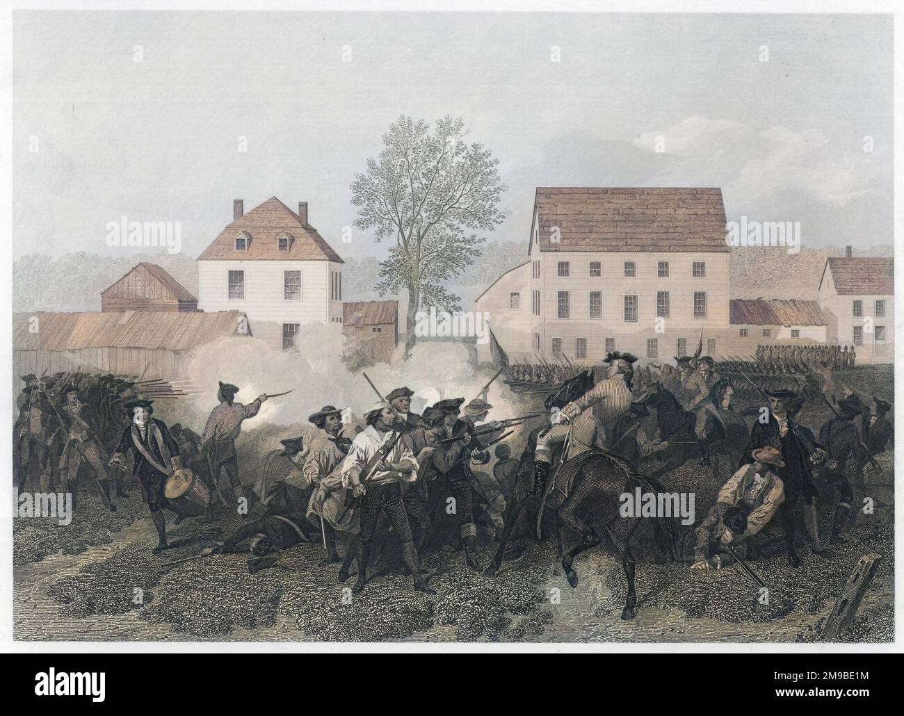 In Lexington, Massachusetts, wehren sich Minutemen gegen die Briten, um die Geschäfte in Concord zu beschlagnahmen. Diese Schlacht war die Eröffnung des Unabhängigkeitskrieges. Stockfoto