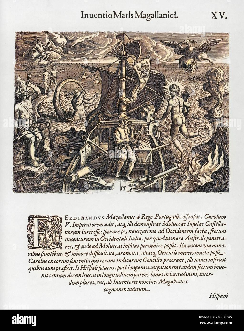 Ferdinand Magellan (1480-1521), portugiesischer Navigator, hat auf seiner Reise nach Südamerika allegorisch dargestellt. Stockfoto