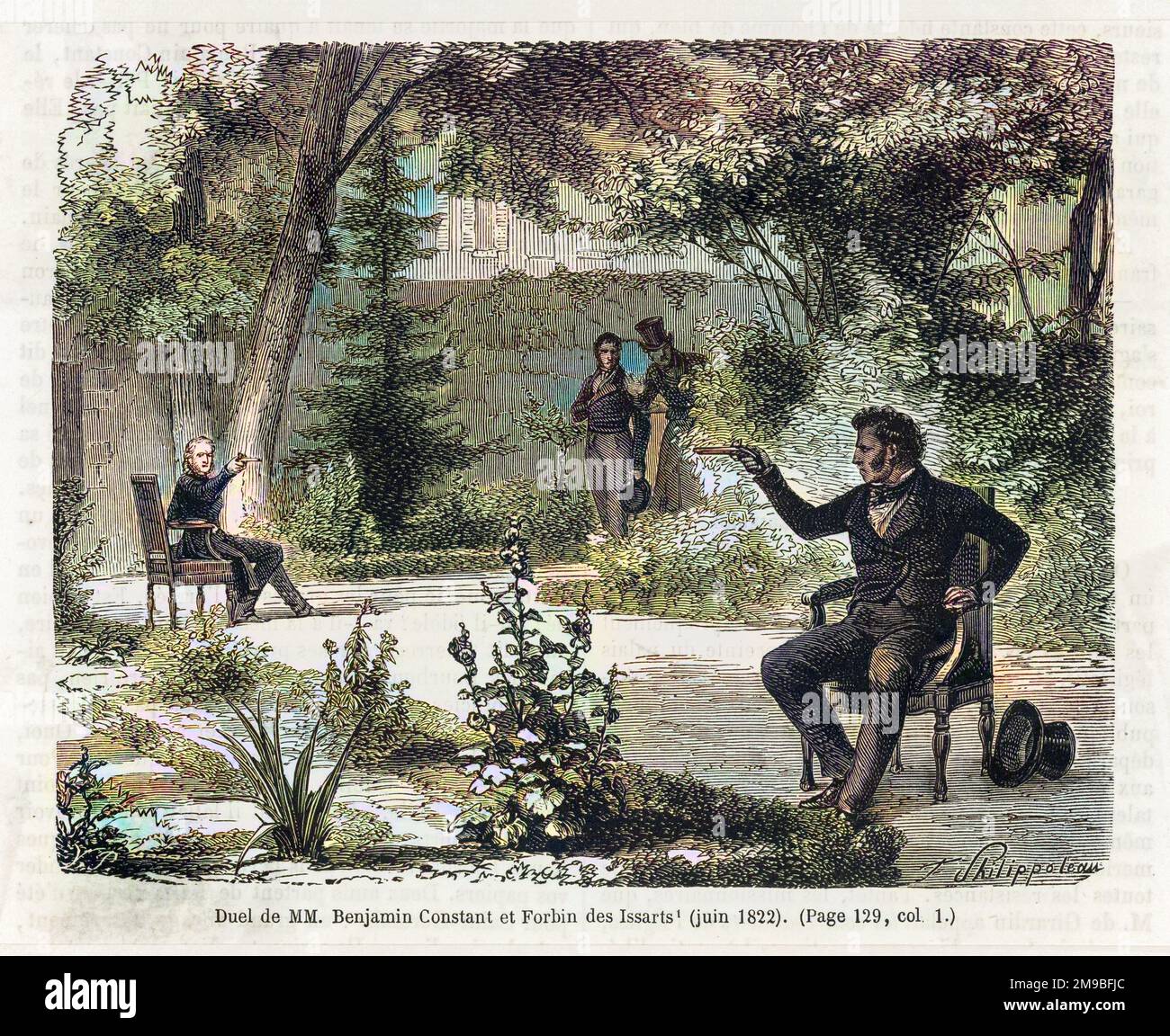 Duell mit Pistolen zwischen Benjamin Constant und Forbin des Issarts - Schüsse aus Stühlen Stockfoto