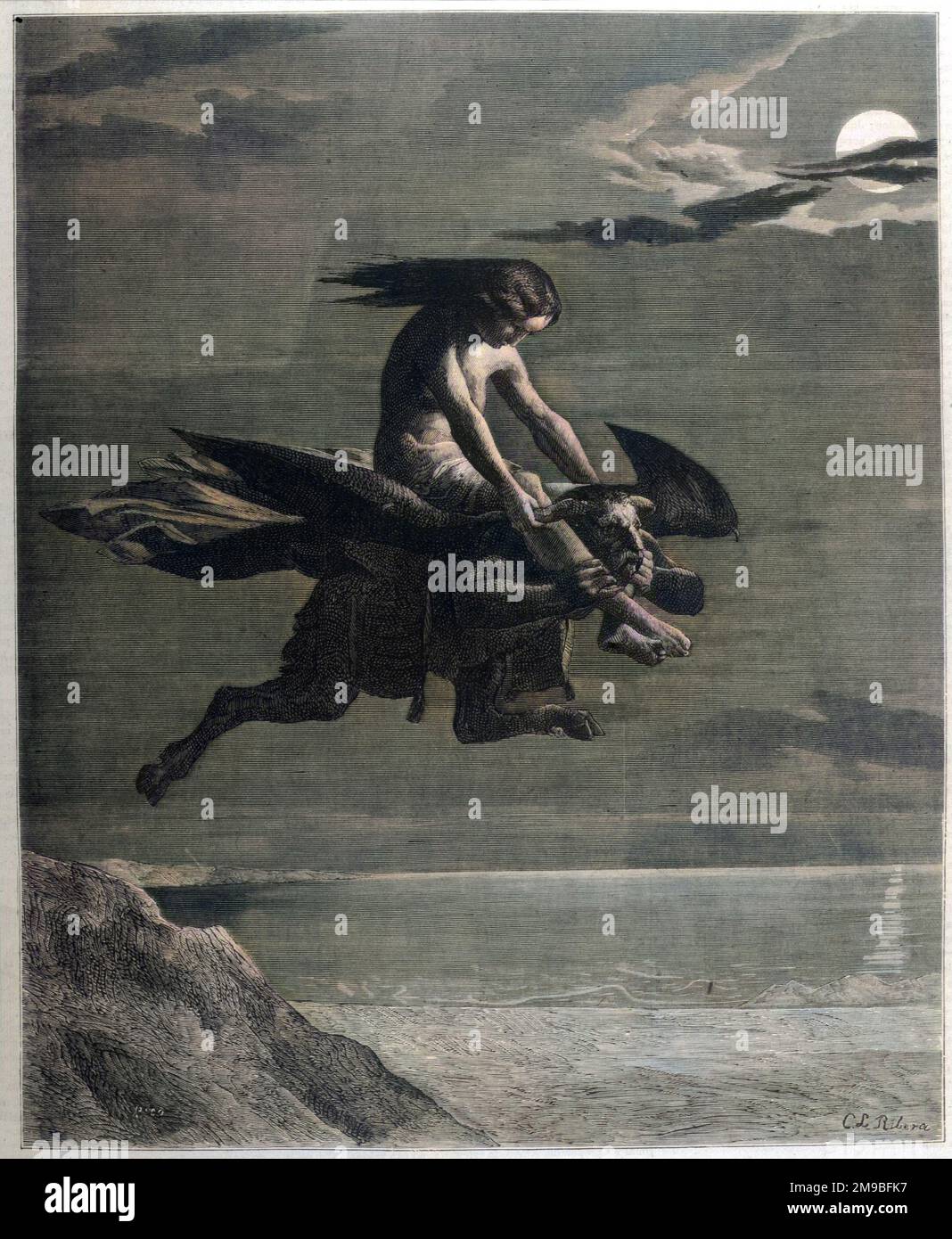 Eine spanische Hexe fliegt zum Sabbat, auf dem Rücken eines gehörnten, Klauenfüßigen Dämons Stockfoto