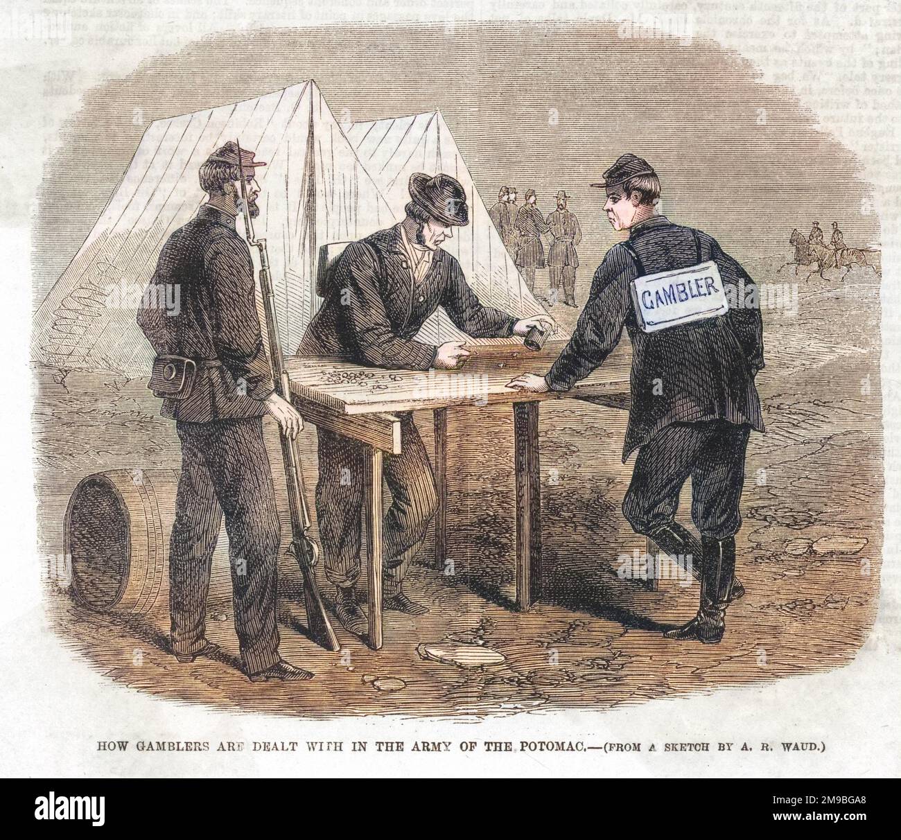 Soldaten aus dem Amerikanischen Bürgerkrieg werden für Glücksspiel bestraft, indem sie gezwungen werden, zu spielen Stockfoto