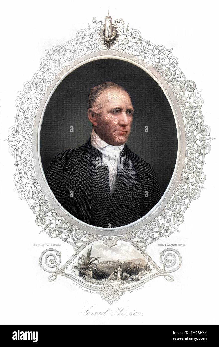 SAMUEL HOUSTON - ein amerikanischer Staatsmann, der im Namen der Ureinwohner arbeitete, besiegte Mexikaner, den Präsidenten der Republik Texas, später Gouverneur, aber wegen der Unterstützung der Union deklariert. Stockfoto