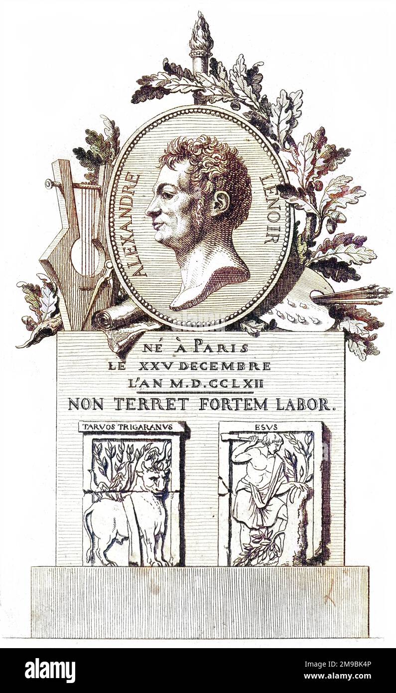 ALEXANDRE LENOIR, französischer Archäologe, mit alten Schnitzereien als Beweis, und einer Lyre (?) Und Palette als Beweis für seine künstlerischen Talente. Stockfoto