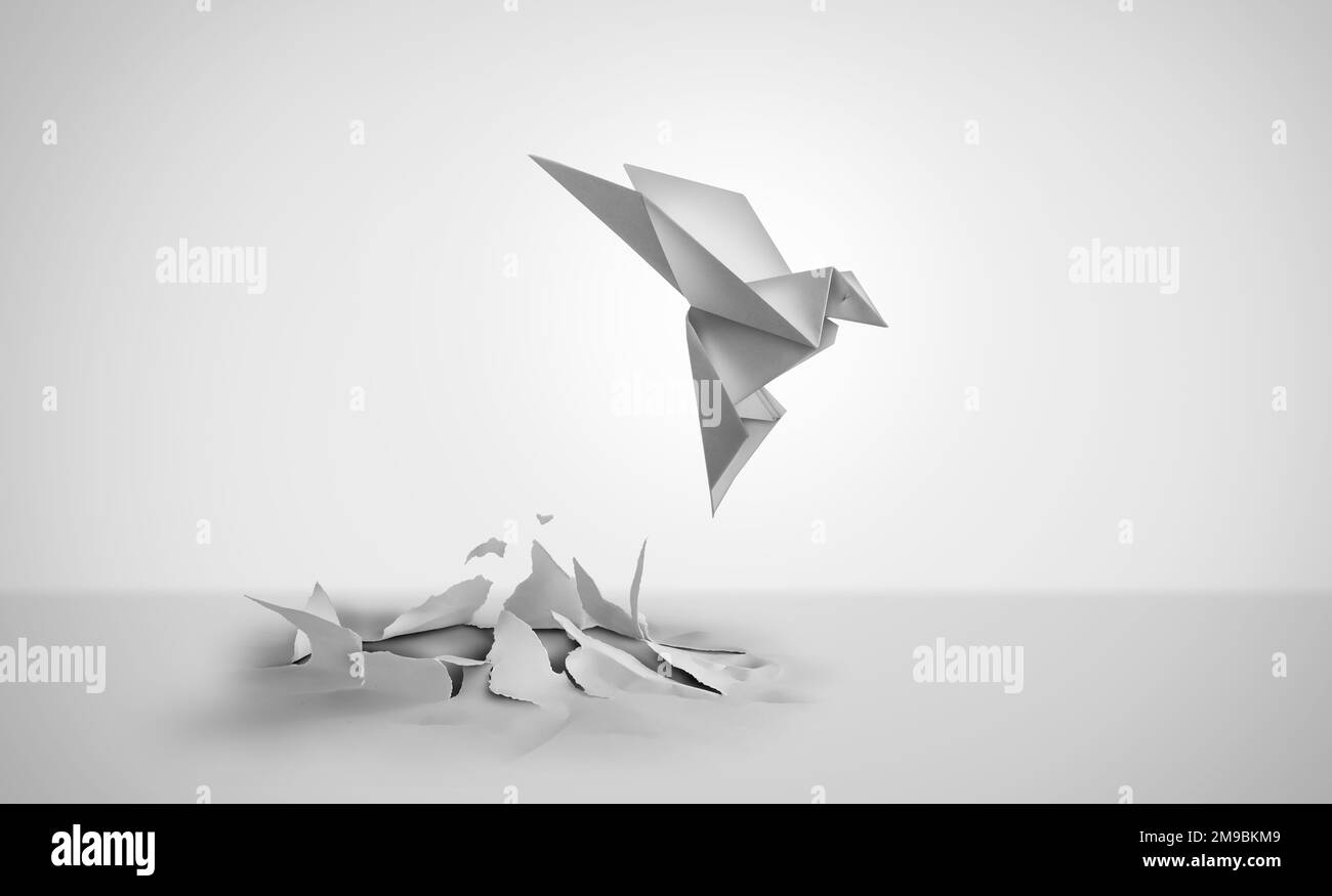 Aus dem nichts kommt das Konzept der Geburt oder Wiedergeburt als Origami-Vogel hervor, der aus einem Flachpapier als Symbol für Kreativität und Metamorphose hervorgeht Stockfoto