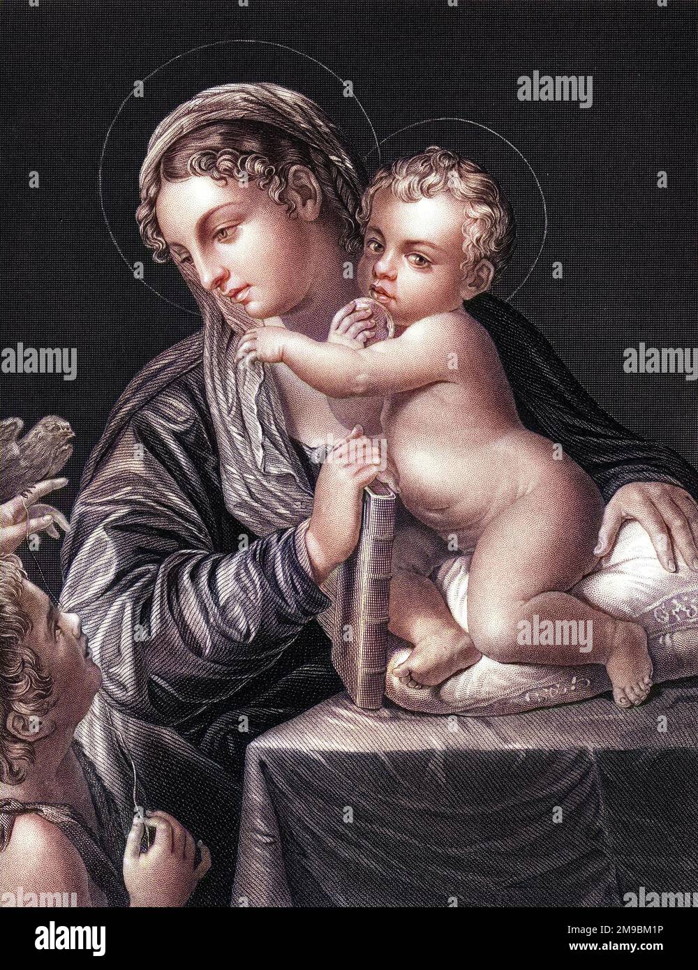 Maria mit Jesus sieht einen Vogel hoch oben an der Hand eines Jungen: Ist das Jesu Bruder James oder Johannes der Täufer? Der Vogel sieht nicht wie eine Taube aus... Stockfoto