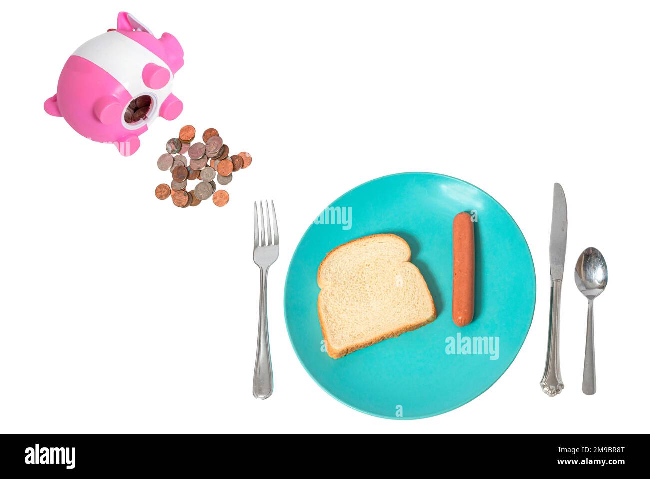 Eine einfache Illustration mit einem Hot Dog und einer Scheibe Brot zusammen mit einem Sparschwein, das ein paar Münzen ausschüttet. Dadurch wird das visuell veranschaulicht Stockfoto