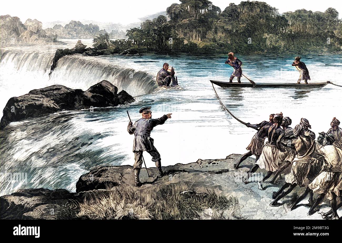 Die Rettung von Zaidi von einem Wasserfall während Sir Henry Morton Stanleys anglo-amerikanischer Expedition von 1874-1877. Zaidi (Zentrum, Houching) hatte ein Kanu zu nah am Wasserfall genommen und steckte in einer sehr gefährlichen Position fest. Stanley (Mitte mit Stiel) ist als Regisseur für die Rettungsaktion zu sehen. Stockfoto