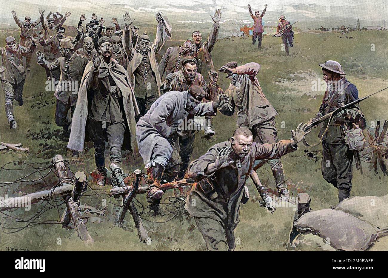 Übergab den Deutschen, der von britischen Soldaten nach der Niederlage ihres Gegenangriffs auf Trones Wood marschiert wurde. Der dargestellte Vorfall ereignete sich in der Nähe eines fortgeschrittenen Grabens in der britischen Linie. Der Graben war schwer zerschlagen worden und viele Opfer wurden verursacht, als der Deutsche seinen letzten Angriff machte. Die erste Welle kam durch das britische Sperrfeuer und wurde von zwei Lewis-Gewehren aufgehalten, die den Bombenanschlag überstanden hatten, und durch schnelles Gewehrfeuer, typisch für die britische Infanterie. Die zweite Welle ist nicht weiter vorangekommen, da sie durch das britische Sperrfeuer, zu dem auch die Sch gehörte, zerbrochen wurde Stockfoto