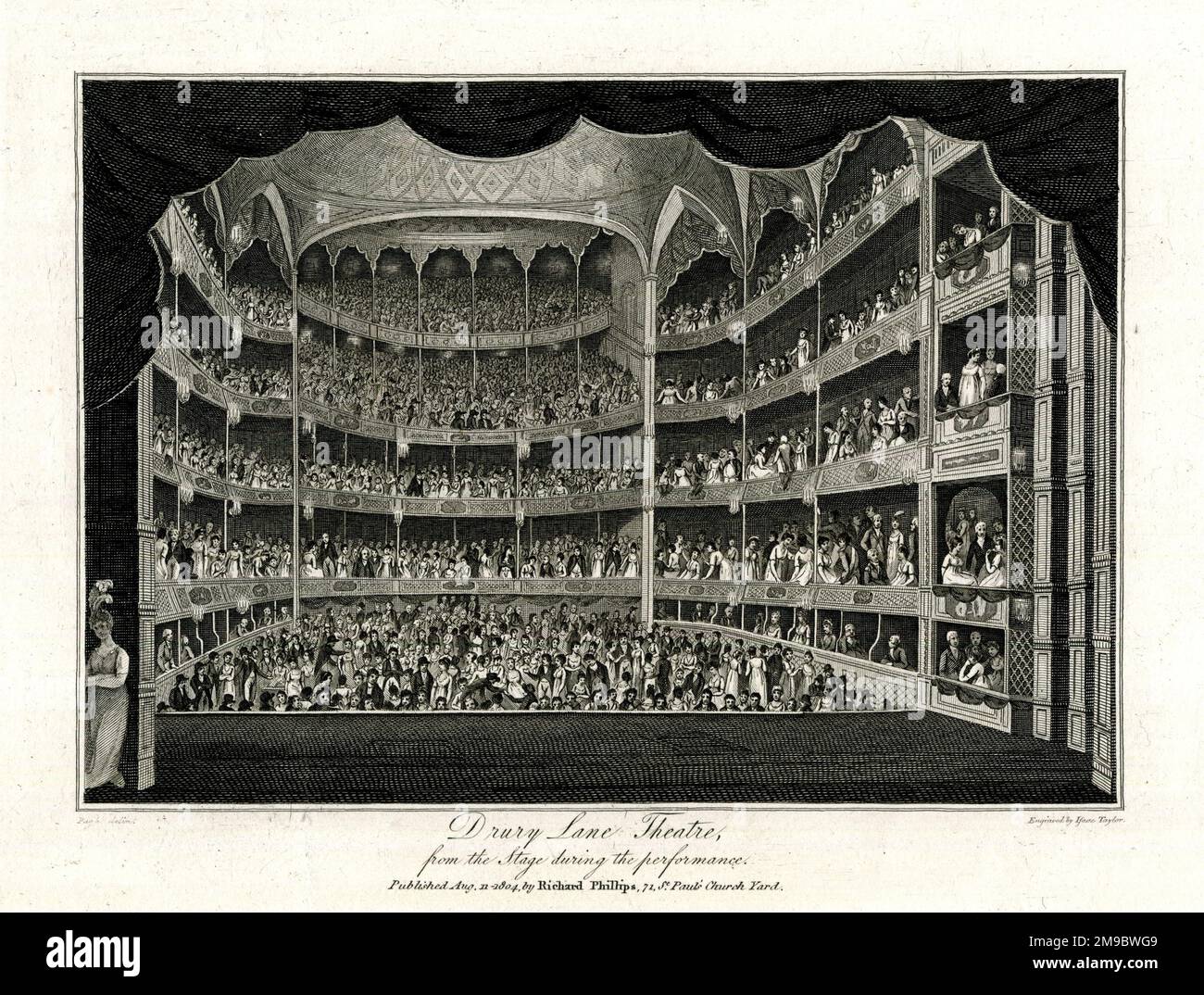 Drury Lane Theatre, London, Auditorium während einer Vorstellung von der Bühne aus gesehen Stockfoto