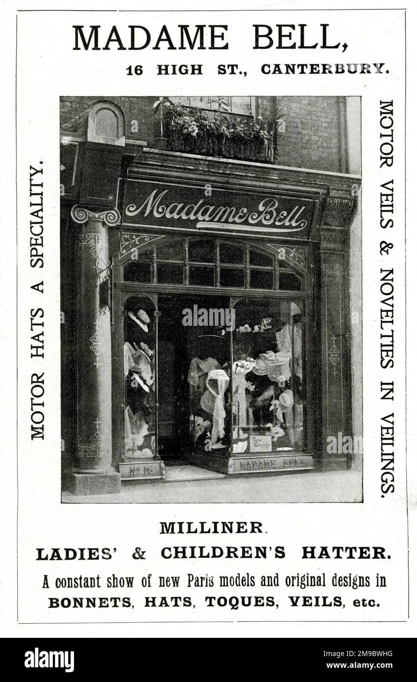 Werbespot, Madame Bell, Ladies' and Children's Hats, High Street, Canterbury, Kent Stockfoto