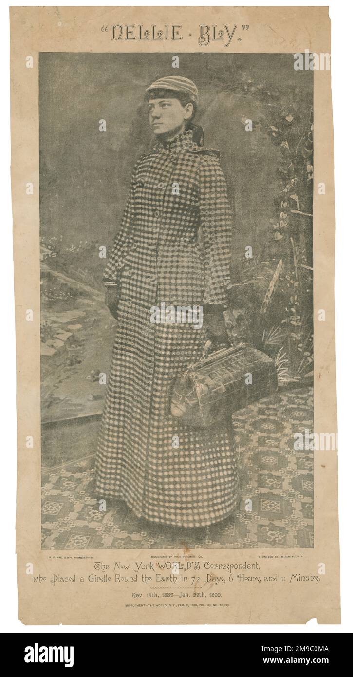 2. Februar 1890 Ergänzung zur New York World Zeitung, die ihre Korrespondentin Nellie Bly nach ihrer Rückkehr von ihrer Weltreise am 25. Januar 1890 darstellt. Elizabeth Cochran Seaman (1864-1922), besser bekannt unter ihrem Buchnamen Nellie Bly, war eine amerikanische Journalistin, Industrialistin, Erfinderin und Wohltätigkeitsarbeiterin, die weithin für ihre rekordverdächtige Reise um die Welt in 72 Tagen bekannt war. QUELLE: ORIGINALZEITUNG Stockfoto