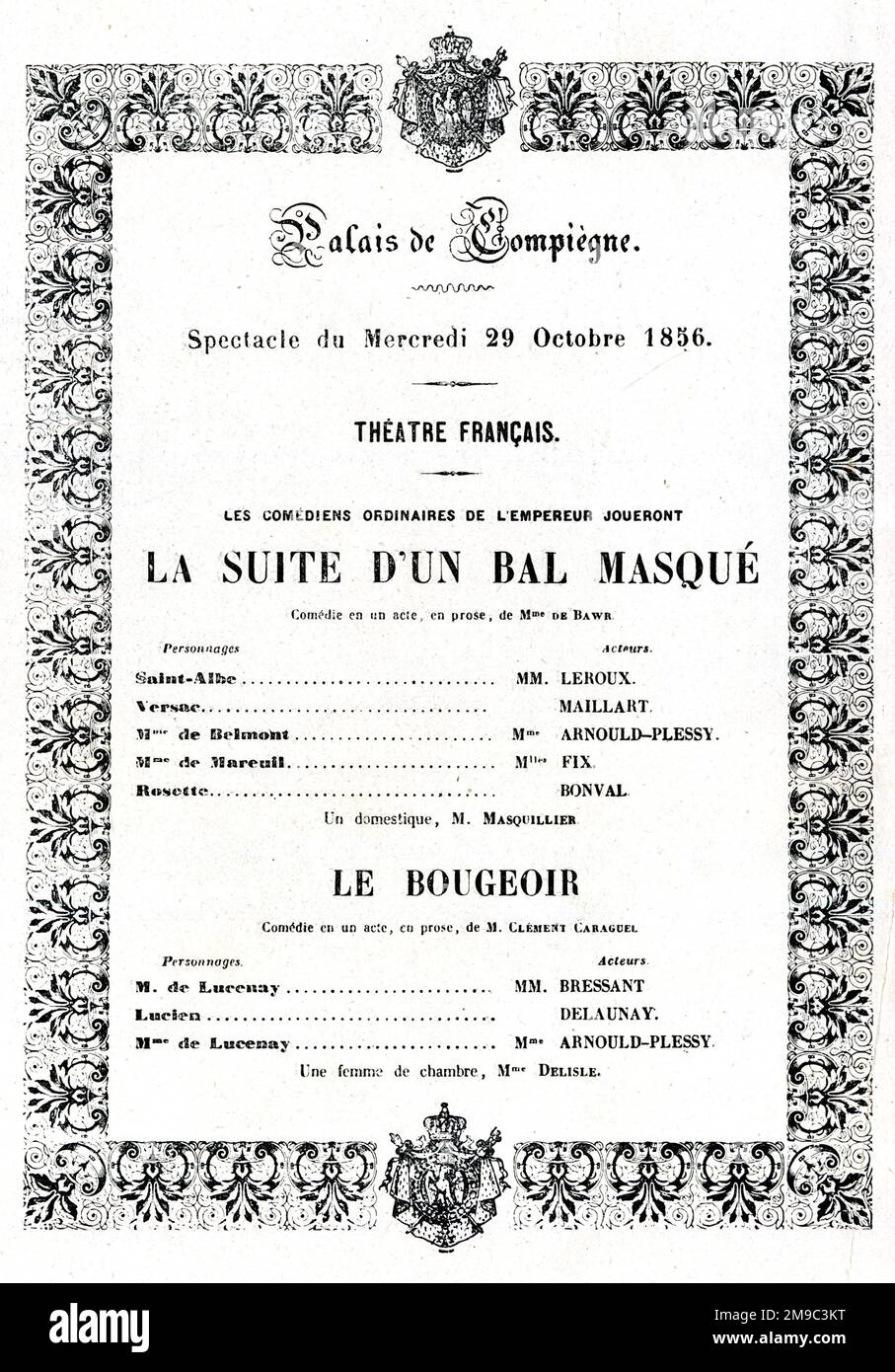 Theaterprogramm, Compiegne-Palast, 29. Oktober 1856, zwei Komödien aus einem Akt vor dem Kaiser. Stockfoto
