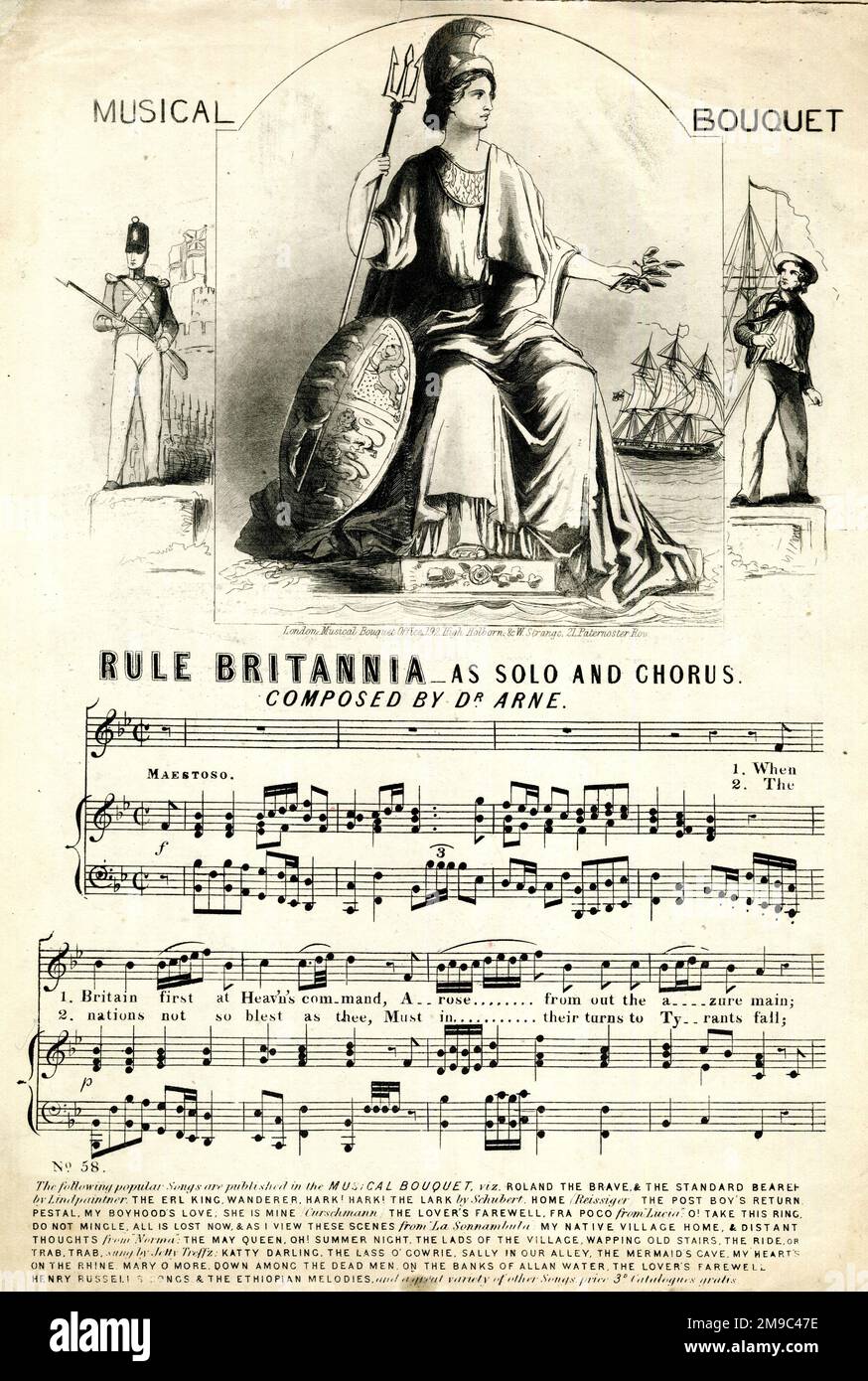 Notenblatt, patriotisches Lied Rule Britannia, als Solo und Chor, komponiert von Dr. Arne, mit musikalischer Notierung Stockfoto