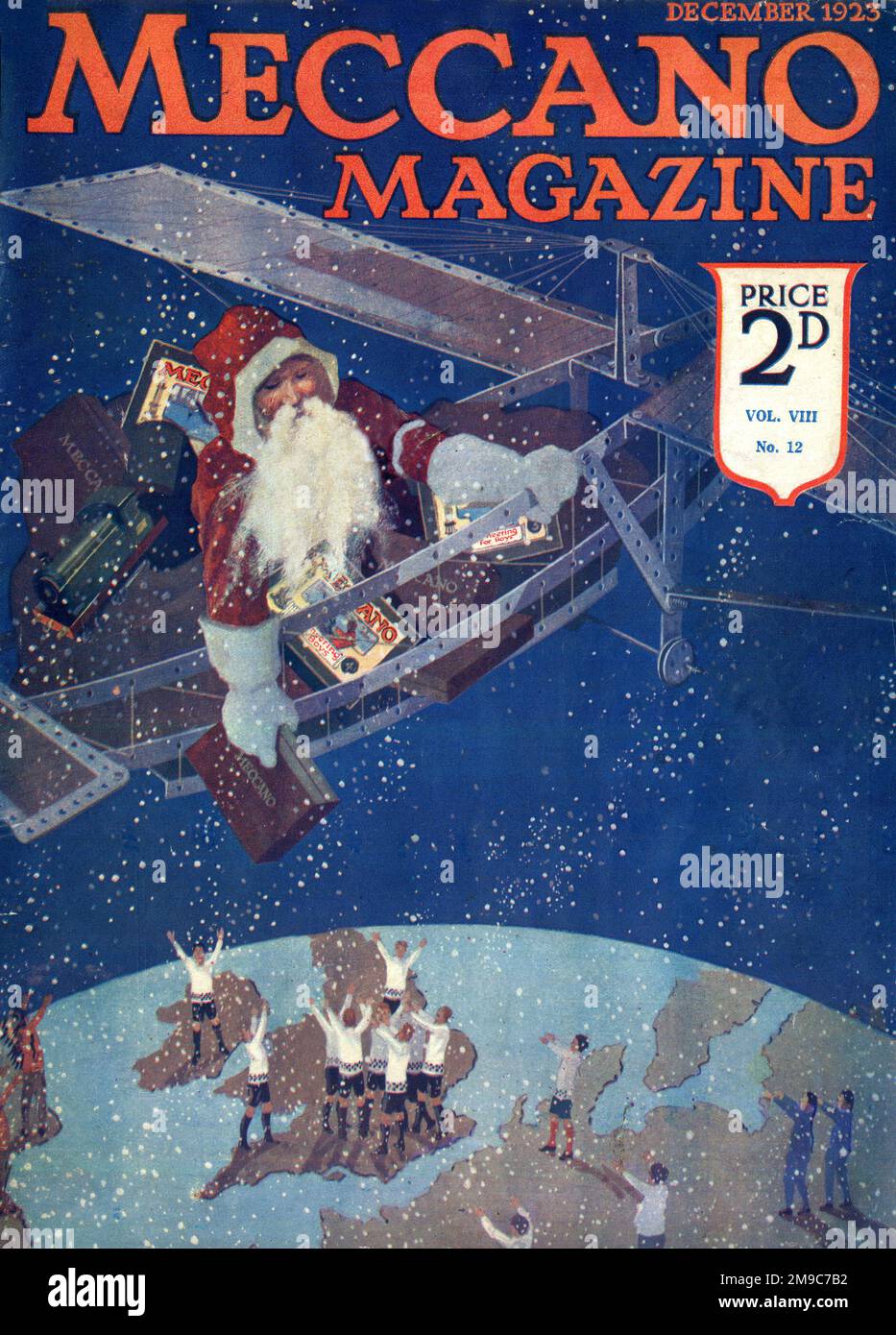 Coverdesign, Weihnachtsmann in einem Meccano-Flugzeug, das Meccano-Sets an Jungs bringt Stockfoto