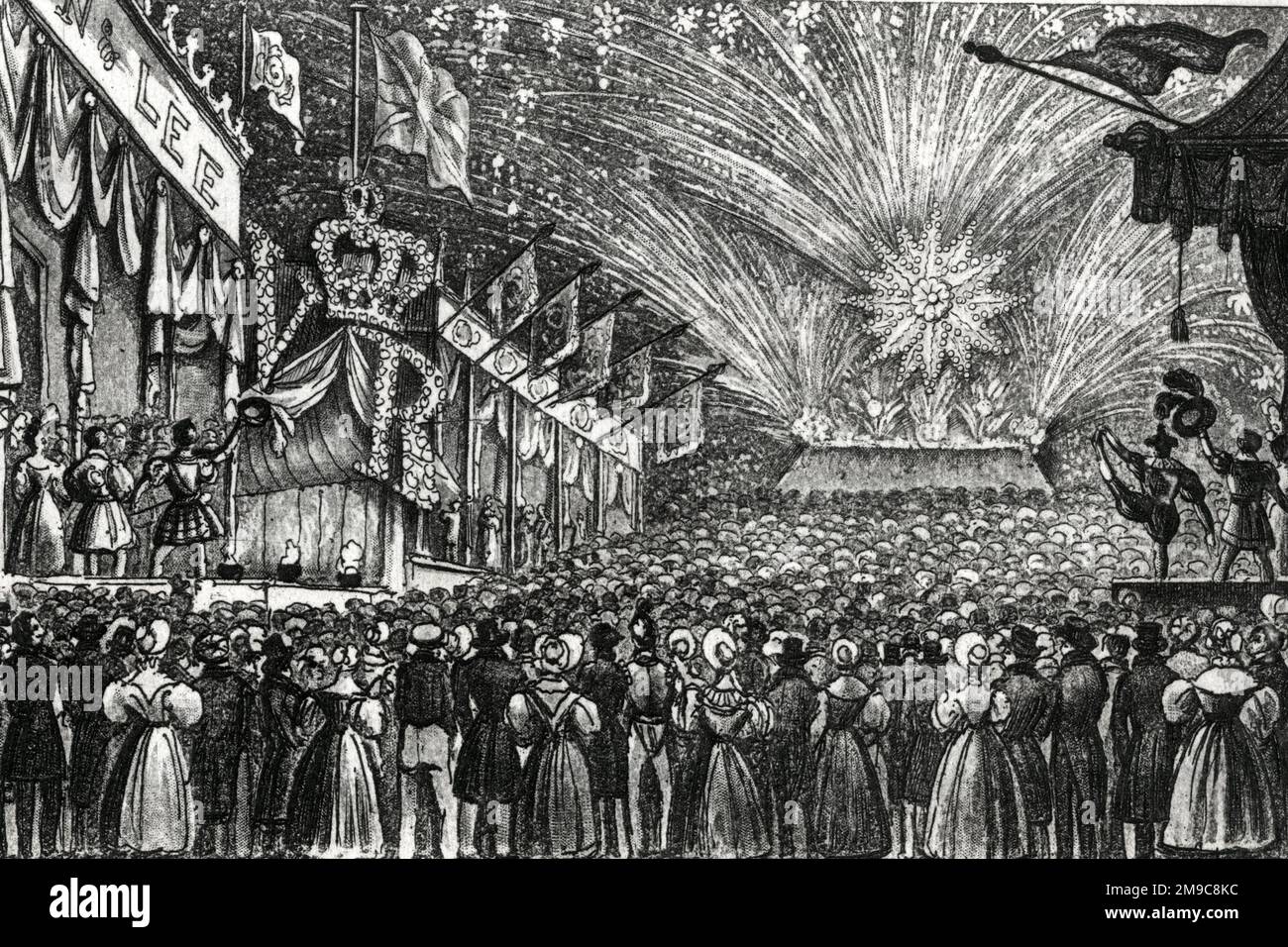 Queen Victorias Krönungsmesse, mit Feuerwerk, Hyde Park, London, in der Nacht vom 28. Juni 1838 Stockfoto