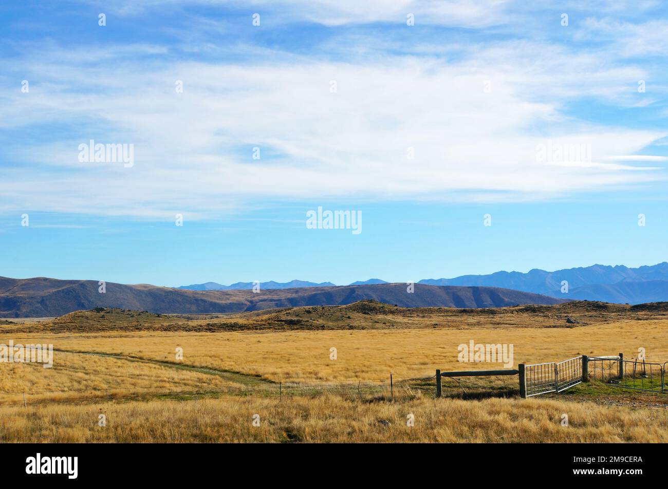 Malerischer Mackenzie District, South Canterbury, neuseeländisch schattige Bergkette und trockenes Ackerland unter hellblauem Herbsthimmel. Stockfoto