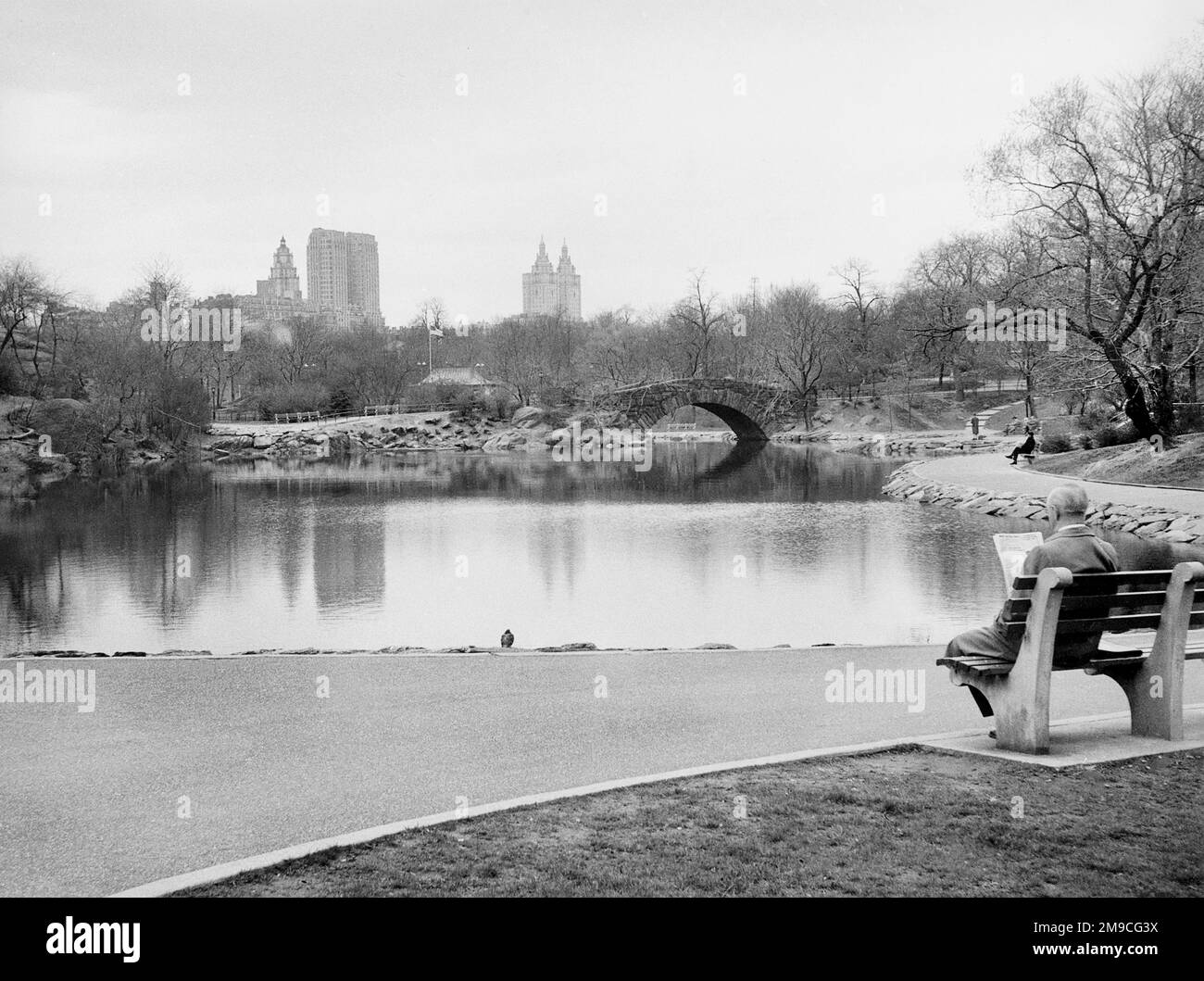 Zeitungsleser, Gapstow Bridge and Pond, Central Park, New York City, New York, USA, Angelo Rizzuto, Anthony Angel Collection, April 1956 Stockfoto