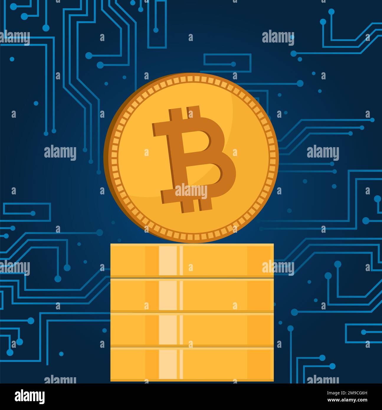 Abbildung einer Bitcoin-Münze mit Cyber-Hintergrund Stockfoto