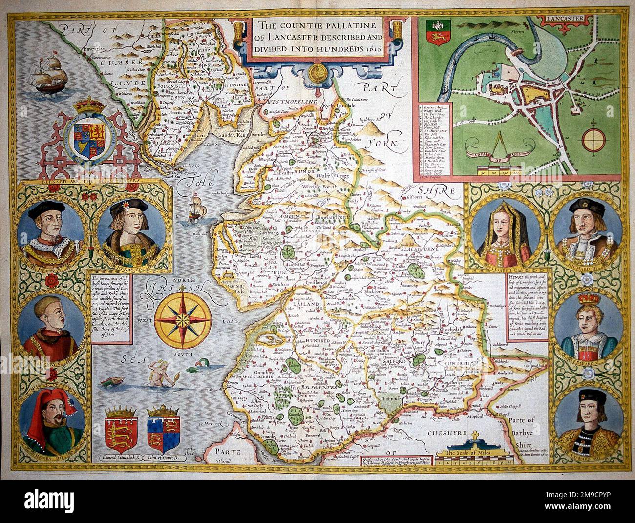 Karte des 17. Jahrhunderts von Lancaster, England Stockfoto